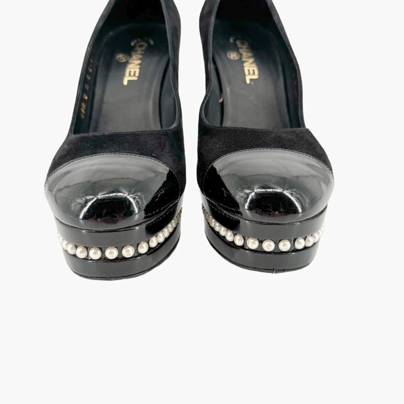 Chanel Platform Pearl Pumps EU 41 US 10-10.5 Black Suede Leather Cap Toe Heel - Picture 5 of 12
